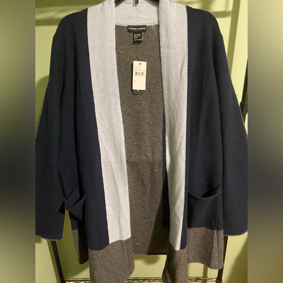Cashmere Cashmere size XL 100% cashmere blue gray color block open front sweater - Picture 2 of 9